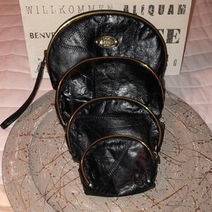 Paris Faux Patch Leather Black Gold Metallic Nesting Travel Bags